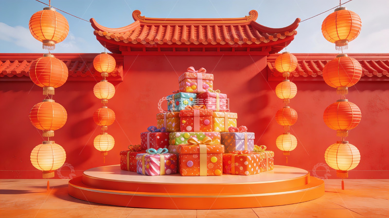高清大图下载【趣麦麦图】中式庭院礼物堆叠场景