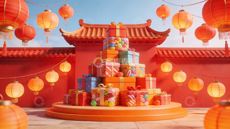 高清大图下载【趣麦麦图】春节庆典礼物堆叠场景