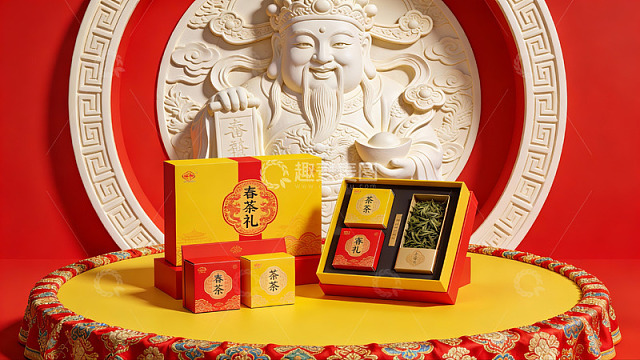 茶礼盒与财神雕像摆设