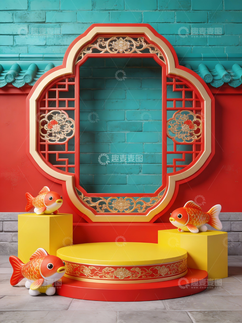 高清大图下载【趣麦麦图】中式窗框与金鱼装饰场景