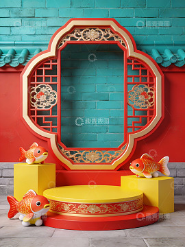 中式窗框与金鱼装饰场景