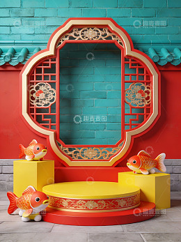 中式窗框与金鱼装饰场景
