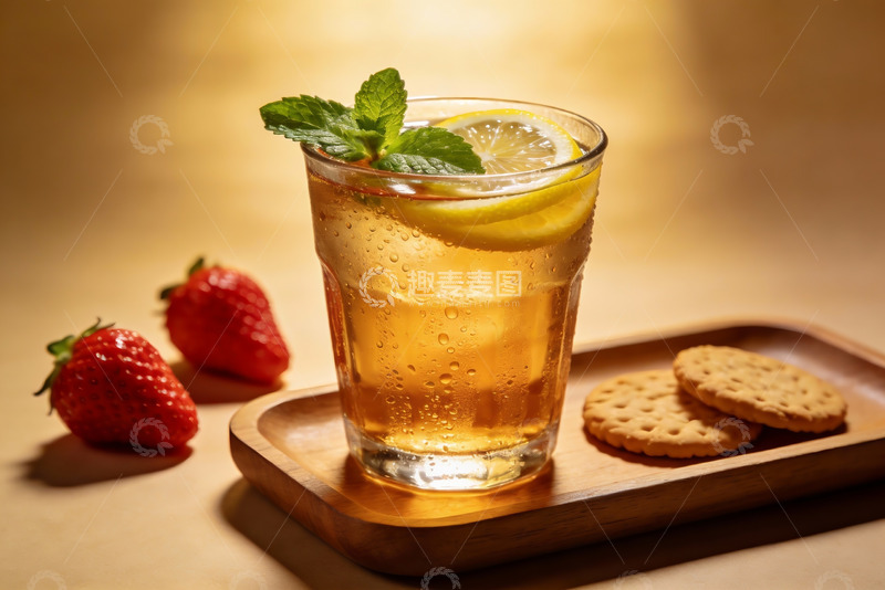 高清大图下载【趣麦麦图】冰镇柠檬茶搭配草莓饼干