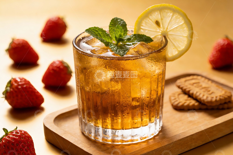 高清大图下载【趣麦麦图】冰镇柠檬茶搭配草莓饼干