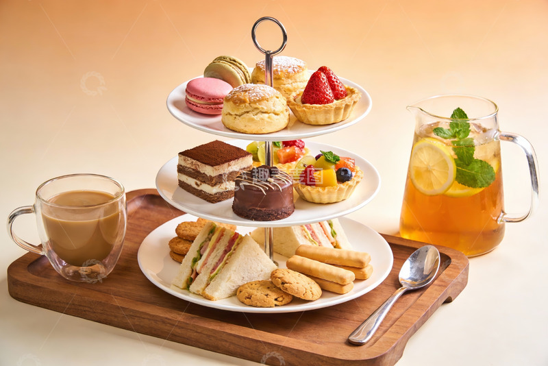 高清大图下载【趣麦麦图】三层下午茶点心架配饮品