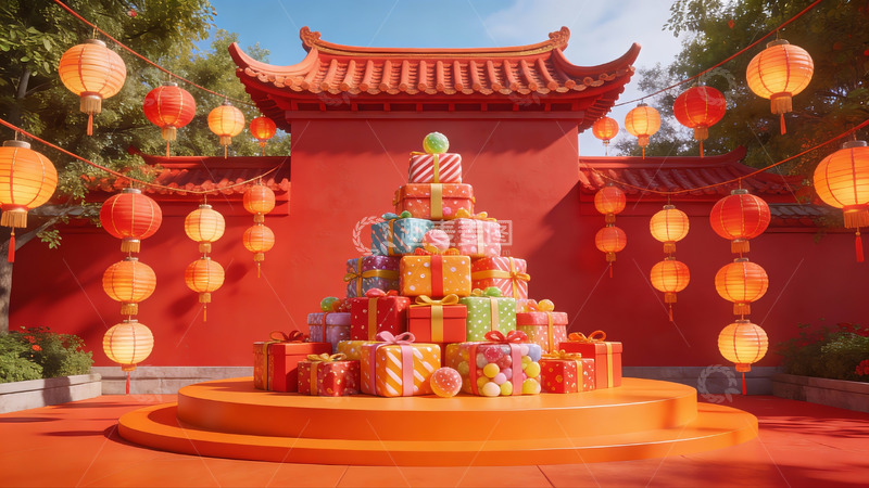 高清大图下载【趣麦麦图】中式庭院礼物堆叠场景