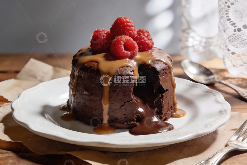 高清大图下载【趣麦麦图】巧克力熔岩蛋糕配覆盆子
