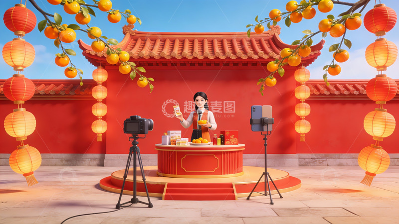 高清大图下载【趣麦麦图】女子在传统建筑前进行直播