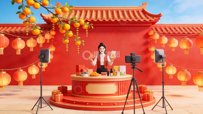 高清大图下载【趣麦麦图】女子在传统建筑前直播展示水果