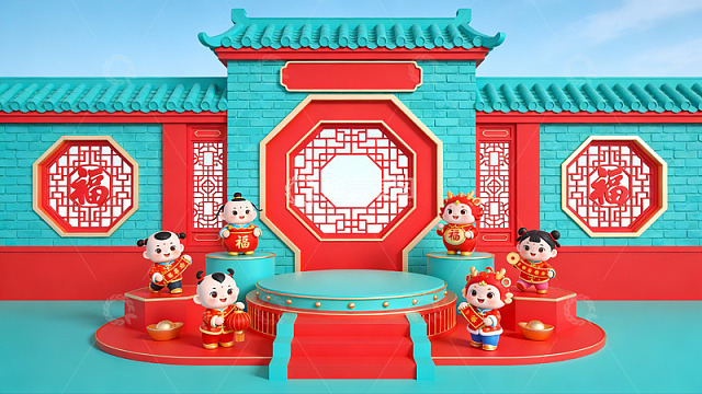 卡通人物在传统建筑前庆祝节日