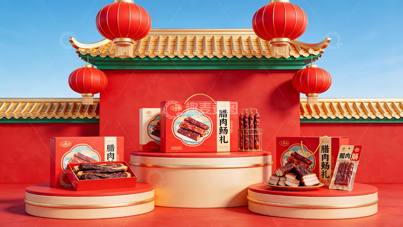 高清大图下载【趣麦麦图】传统节日腊肉礼盒展示