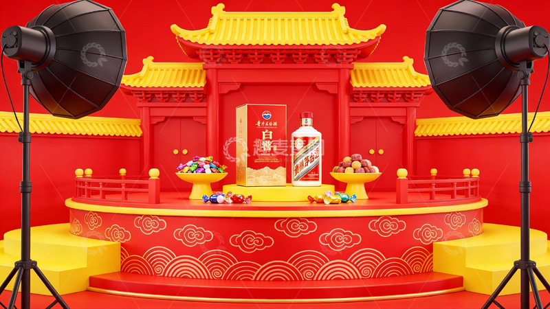 高清大图下载【趣麦麦图】传统建筑前的红色舞台展示