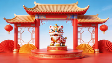 舞狮雕像前的中式牌坊