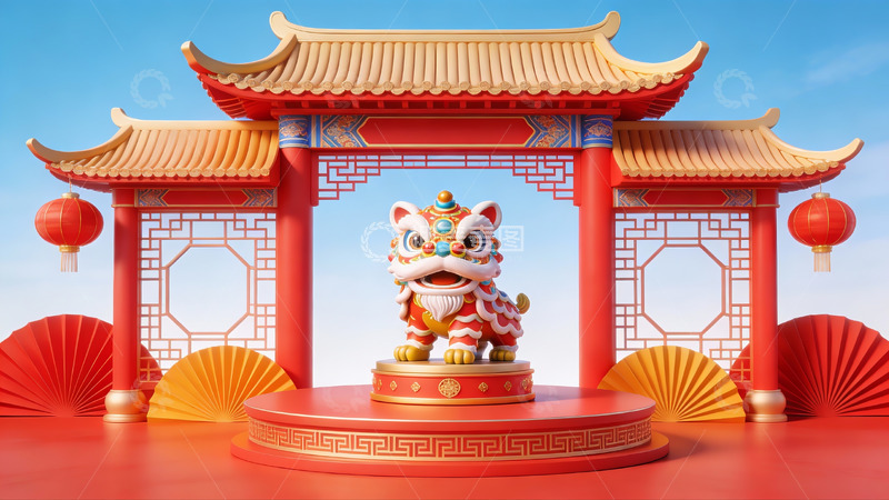 高清大图下载【趣麦麦图】舞狮雕像前的中式牌坊