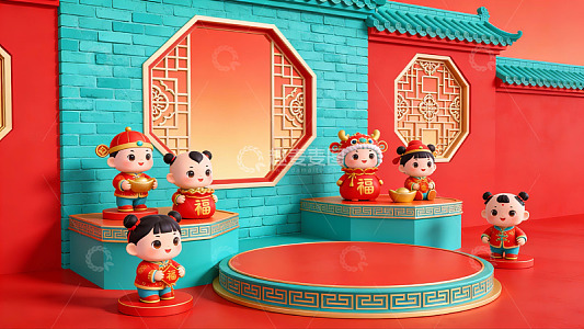 春节主题卡通人物场景