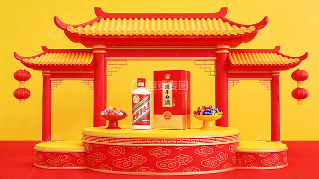 传统建筑前的酒品展示