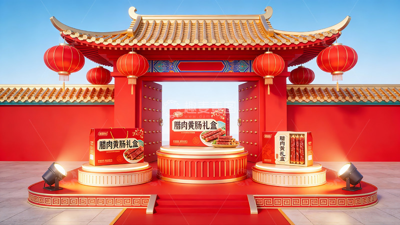 高清大图下载【趣麦麦图】中式建筑前展示礼盒
