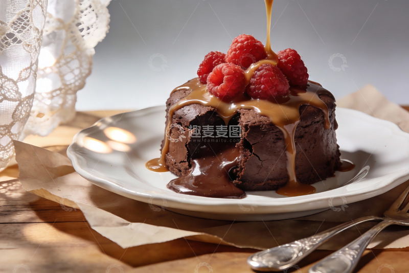 高清大图下载【趣麦麦图】巧克力熔岩蛋糕搭配覆盆子