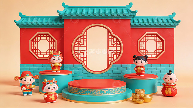 春节主题卡通人物与传统建筑场景