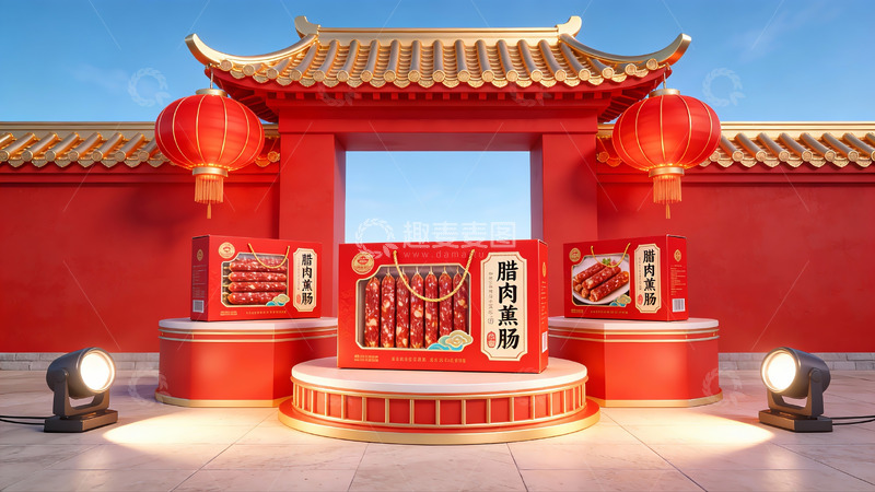 高清大图下载【趣麦麦图】传统建筑前的腊肉礼盒展示