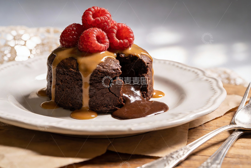 高清大图下载【趣麦麦图】巧克力熔岩蛋糕配覆盆子