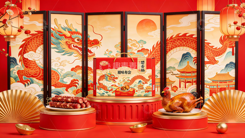 高清大图下载【趣麦麦图】春节主题礼盒与传统美食展示
