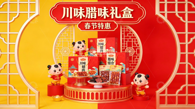 高清大图下载【趣麦麦图】川味腊味礼盒春节促销展示