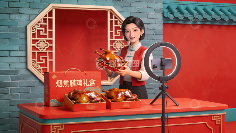 高清大图下载【趣麦麦图】女子展示烟熏腊鸡礼盒