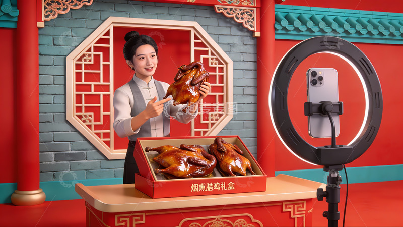 高清大图下载【趣麦麦图】女子展示烟熏腊鸡礼盒