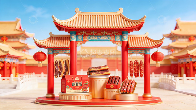 传统建筑前的腊味展示
