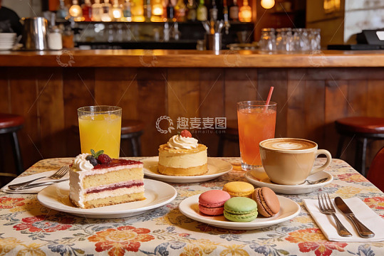 咖啡馆甜品与饮品精美摆盘
