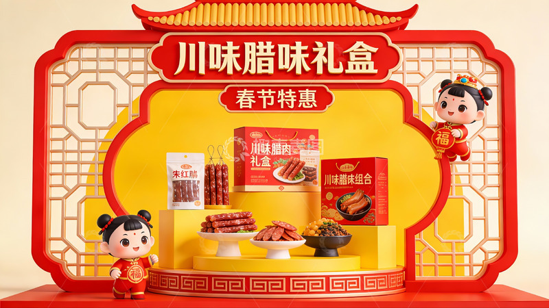 高清大图下载【趣麦麦图】川味腊味礼盒春节促销展示