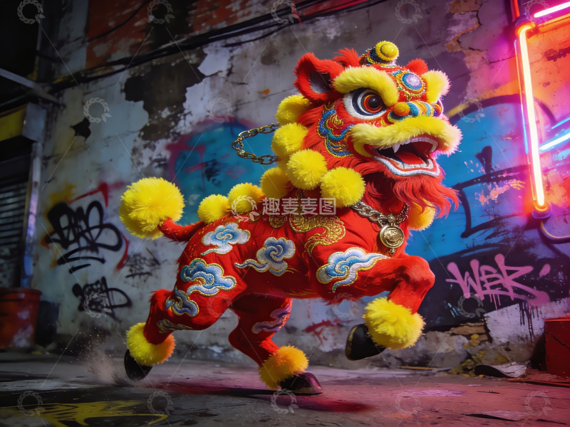 高清大图下载【趣麦麦图】街头舞狮光影艺术