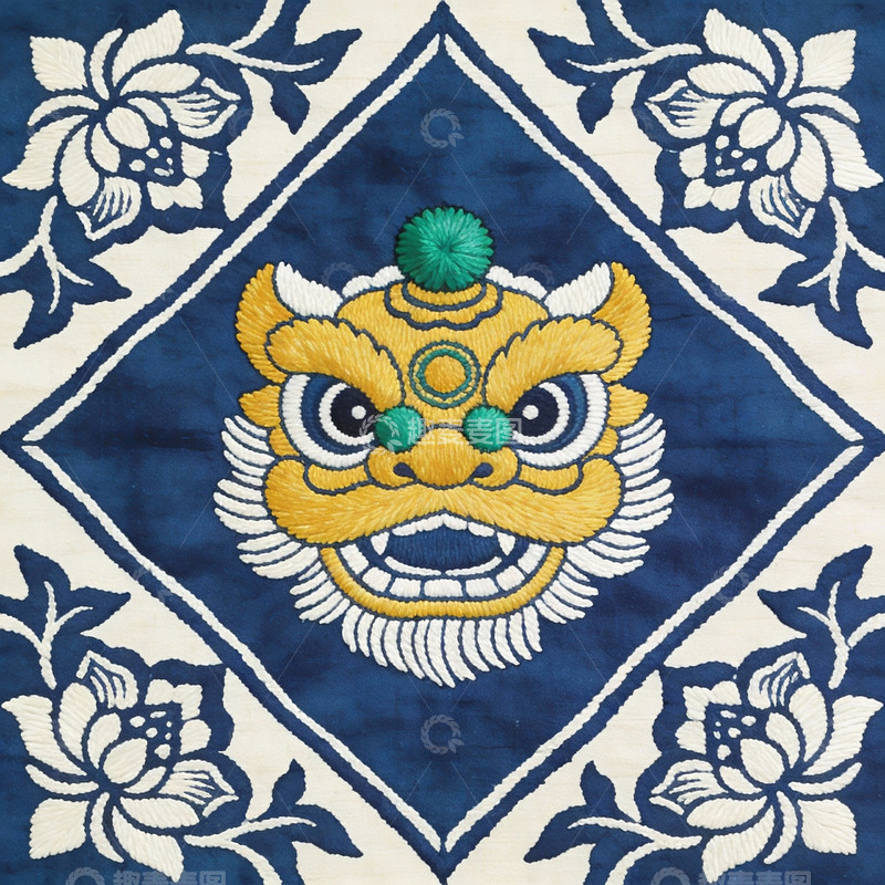 高清大图下载【趣麦麦图】蓝色底绣花狮子头图案