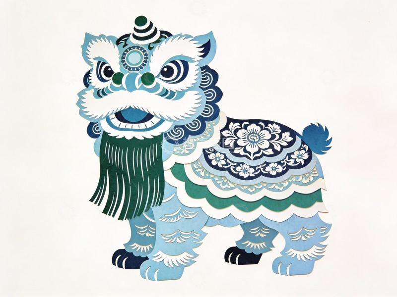 高清大图下载【趣麦麦图】蓝色舞狮剪纸艺术作品