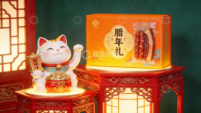 高清大图下载【趣麦麦图】招财猫与腊味礼盒展示