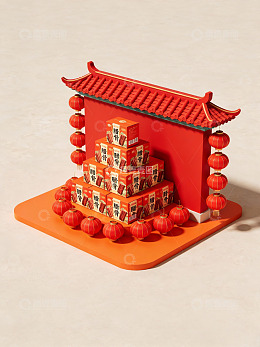红色中式建筑与灯笼堆叠