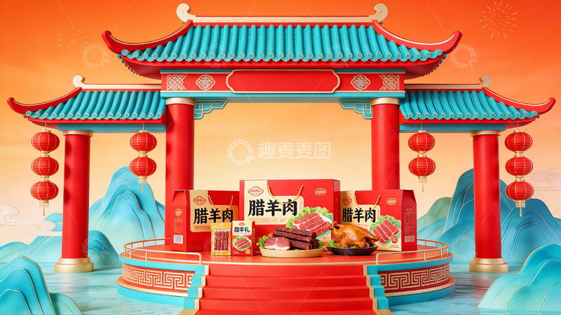 高清大图下载【趣麦麦图】传统建筑前展示腊羊肉