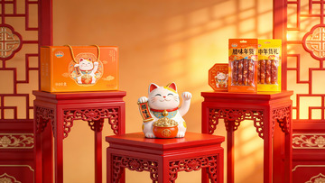 招财猫与年货礼盒陈列
