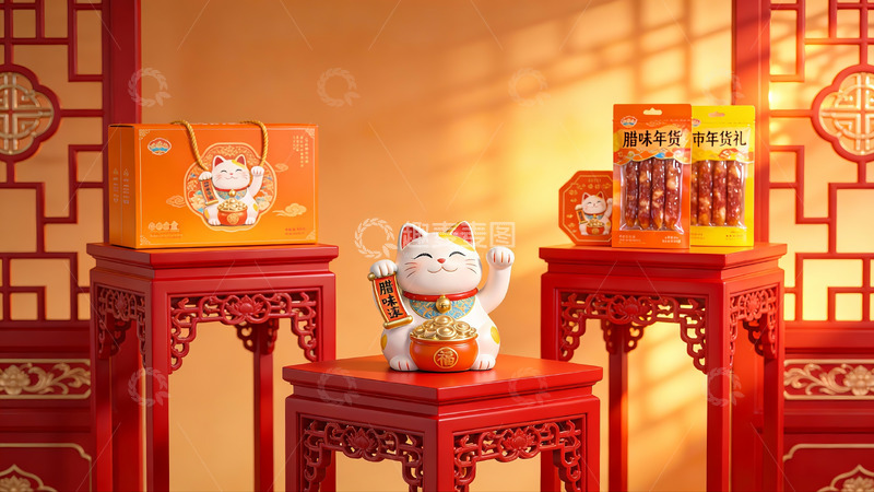 高清大图下载【趣麦麦图】招财猫与年货礼盒陈列