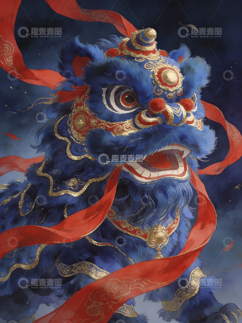 高清大图下载【趣麦麦图】蓝色舞狮头像艺术插画