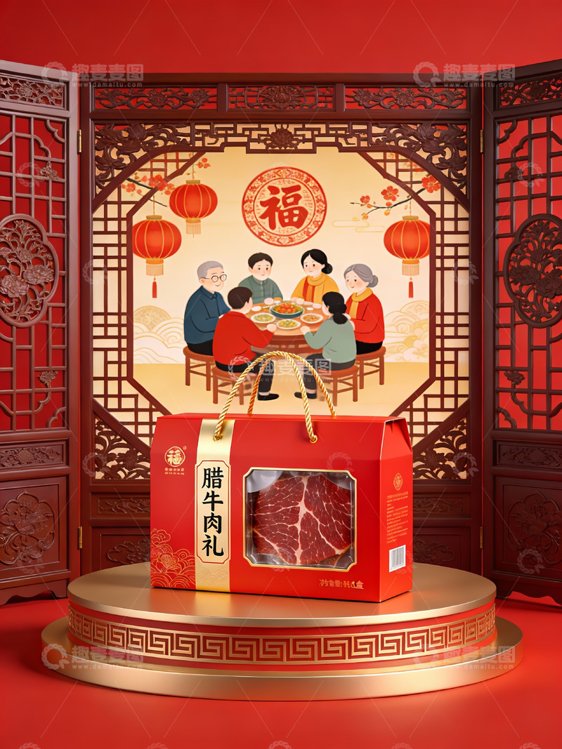 高清大图下载【趣麦麦图】春节家庭聚餐与牛肉礼盒