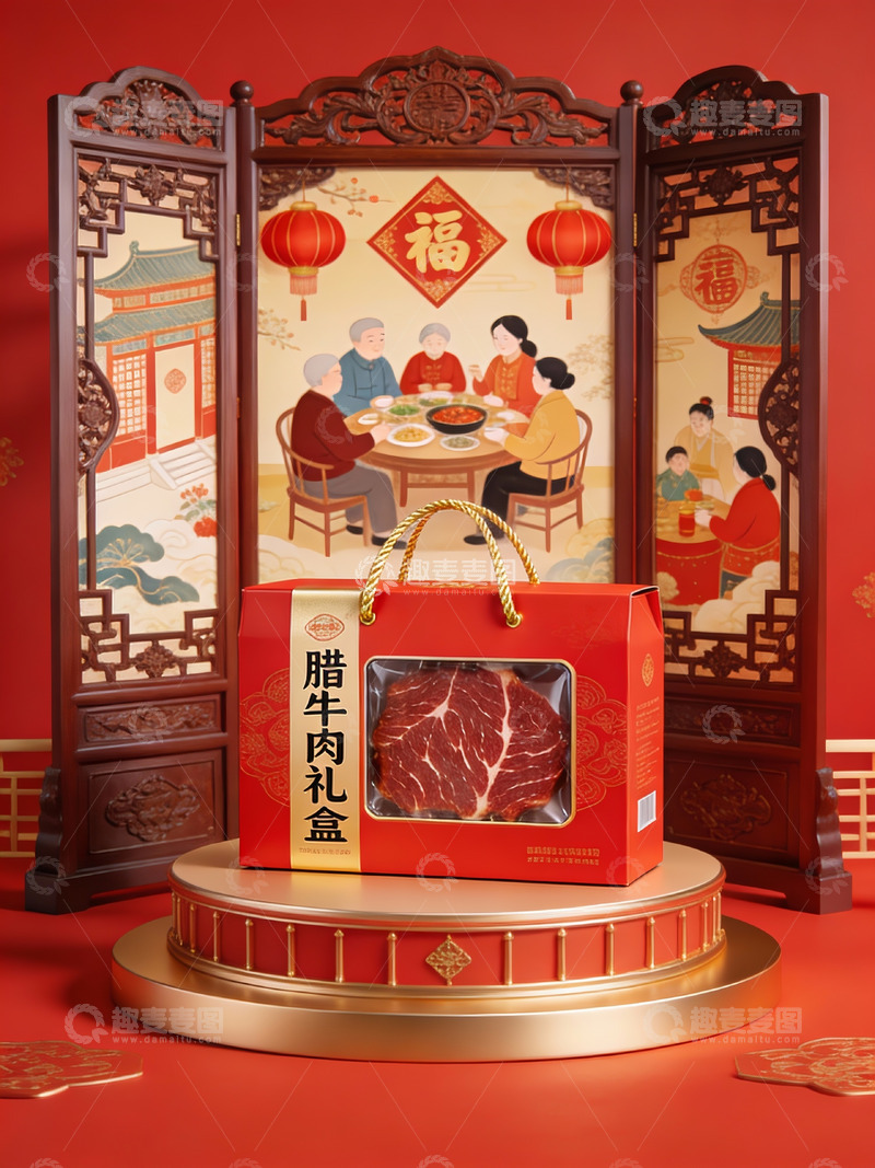 高清大图下载【趣麦麦图】-腊牛肉礼盒春节主题展示