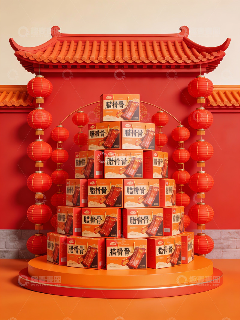 高清大图下载【趣麦麦图】红色灯笼装饰的食品堆叠展示