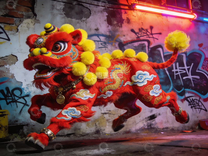 高清大图下载【趣麦麦图】街头舞狮光影艺术