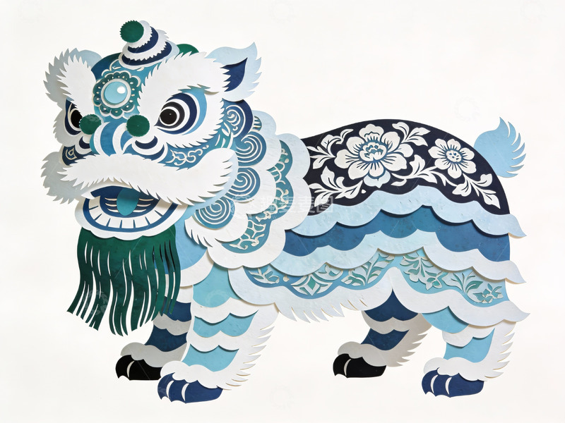 高清大图下载【趣麦麦图】蓝白相间的剪纸舞狮艺术作品