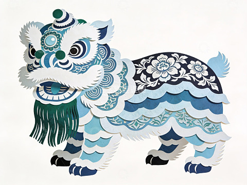 蓝白相间的剪纸舞狮艺术作品