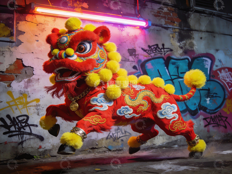 高清大图下载【趣麦麦图】街头舞狮光影艺术