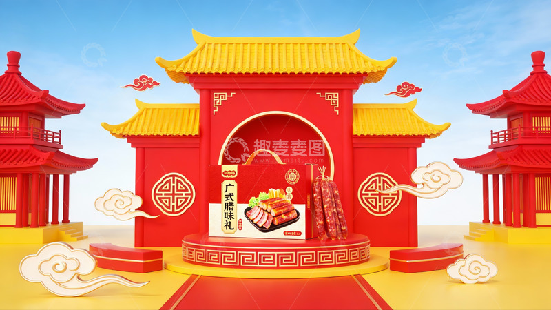 高清大图下载【趣麦麦图】中式建筑前的广式腊味礼盒展示