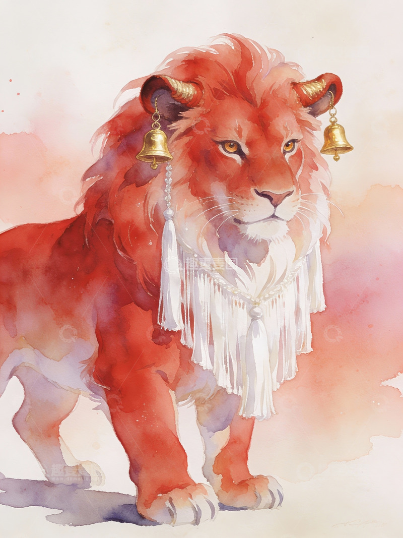 高清大图下载【趣麦麦图】红色鬃毛狮子佩戴铃铛装饰